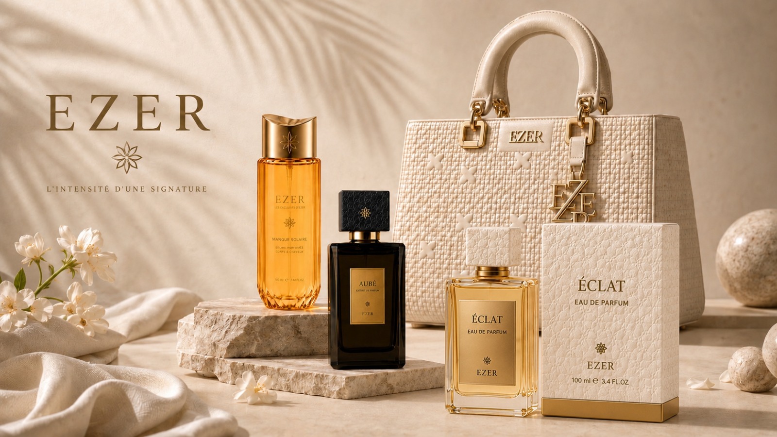 Créations de parfum et de maroquinerie de la Maison EZER dans une lumière dorée